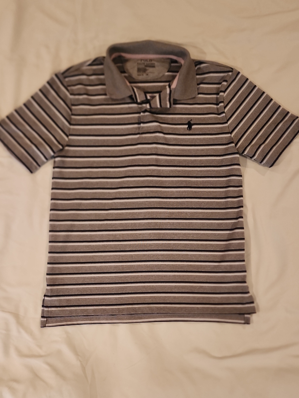 Ralph Lauren Polo Performance Kids Gray Stripe Polo Shirt - Size Medium 10-12